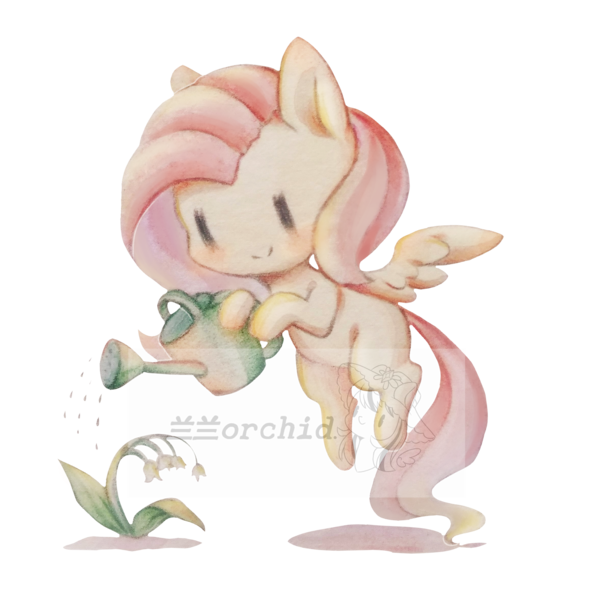 Size: 2000x2000 | Tagged: safe, artist:orchidlanlan738, derpibooru import, fluttershy, pegasus, pony, g4, cute, female, flying, image, mare, obtrusive watermark, plant, png, shyabetes, simple background, smiling, solo, traditional art, transparent background, watering, watermark