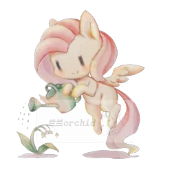 Size: 2000x2000 | Tagged: safe, artist:orchidlanlan738, derpibooru import, fluttershy, pegasus, pony, g4, cute, female, flying, image, mare, obtrusive watermark, plant, png, shyabetes, simple background, smiling, solo, traditional art, transparent background, watering, watermark