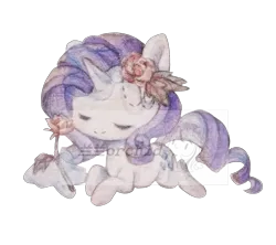 Size: 2253x2000 | Tagged: safe, artist:orchidlanlan738, derpibooru import, rarity, pony, unicorn, chibi, cute, eyes closed, female, horn, image, lying down, mare, png, prone, raribetes, simple background, smiling, solo, traditional art, transparent background