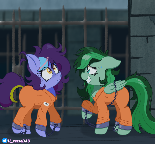 Size: 3300x3070 | Tagged: safe, artist:juniverse, derpibooru import, oc, oc:eden shallowleaf, oc:juniverse, unofficial characters only, earth pony, pegasus, chains, clothes, curious, grin, image, jail, nervous, nervous grin, png, prison, prison outfit, ribbon, smiling, solo, space pony, universe daughter