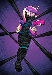 Size: 3523x5000 | Tagged: suggestive, artist:gaggeddude32, derpibooru import, princess cadance, human, equestria girls, g4, arm behind back, black vine, bondage, bound and gagged, commission, dean cadance, emanata, exclamation point, female, gag, gradient background, high res, image, looking at you, muffled words, png, shrunken pupils, simple background, solo, solo female, speech bubble, struggling, surprised, suspended, vine, vine bondage, wide eyes