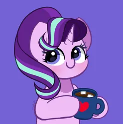 Size: 2024x2048 | Tagged: safe, artist:kittyrosie, derpibooru import, starlight glimmer, pony, unicorn, g4, chocolate, female, food, high res, horn, hot chocolate, image, looking at you, mare, mug, png, purple background, simple background, smiling, smiling at you, solo