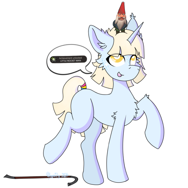 Size: 3072x3072 | Tagged: safe, artist:vinyvitz, derpibooru import, oc, oc:aria taitava, unofficial characters only, gnome, unicorn, bipedal, cheek fluff, chest fluff, crowbar, ear fluff, female, fluffy, glitter, half-life, half-life 2, heavy (tf2), horn, image, makeup, on head, png, raised hoof, raised hooves, raised leg, simple background, solo, speech bubble, tail, tail band, team fortress 2, transparent background, xbox