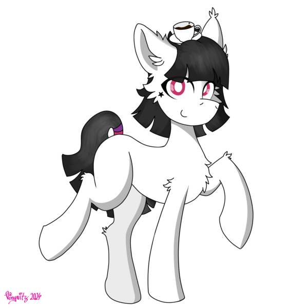 Size: 3072x3072 | Tagged: safe, artist:vinyvitz, derpibooru import, oc, oc:caffeine, unofficial characters only, earth pony, bipedal, cheek fluff, chest fluff, coffee, coffee cup, cup, ear fluff, female, fluffy, glitter, hat, image, looking at you, makeup, png, raised hoof, raised hooves, raised leg, simple background, solo, stars, tail, tail band, transparent background