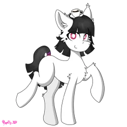 Size: 3072x3072 | Tagged: safe, artist:vinyvitz, derpibooru import, oc, oc:caffeine, unofficial characters only, earth pony, bipedal, cheek fluff, chest fluff, coffee, coffee cup, cup, ear fluff, female, fluffy, glitter, hat, image, looking at you, makeup, png, raised hoof, raised hooves, raised leg, simple background, solo, stars, tail, tail band, transparent background