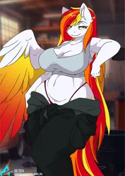 Size: 777x1098 | Tagged: suggestive, artist:arctic-fox, derpibooru import, oc, oc:diamond sun, unofficial characters only, anthro, pegasus, pony, anthro oc, big breasts, breasts, cleavage, clothes, colored wings, eye clipping through hair, eyebrows, eyebrows visible through hair, female, gradient wings, image, jpeg, jumpsuit, mare, one wing out, open clothes, panties, partially clothed, pegasus oc, plump, solo, solo female, tanktop, thong, underwear, wide hips, wings