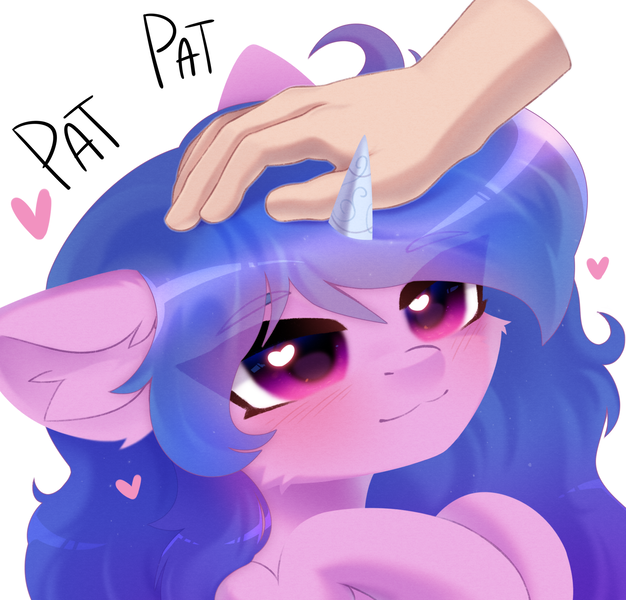 Size: 2000x1916 | Tagged: safe, alternate version, artist:anku, artist:belka_sweet, derpibooru import, izzy moonbow, human, pony, unicorn, g5, blush lines, blushing, cute, disembodied hand, ear fluff, eye clipping through hair, eyebrows, eyebrows visible through hair, female, floating heart, hand, head pat, heart, heart eyes, horn, image, izzybetes, mare, pat, patting, png, simple background, smiling, white background, wingding eyes