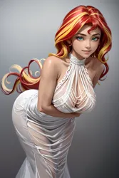 Size: 1024x1536 | Tagged: suggestive, ai content, derpibooru import, editor:sammykun, machine learning generated, sunset shimmer, human, g4, bowing, breasts, busty sunset shimmer, cleavage, clothes, dress, female, generator:yodayo, hand on stomach, humanized, image, jpeg, long hair, looking at you, pearl, prompter:sammykun, see-through, sexy, sleeveless, sleeveless dress, smiling, solo, sultry pose, sweater, turtleneck, white dress