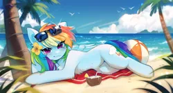 Size: 5000x2700 | Tagged: safe, artist:tyutya, derpibooru import, rainbow dash, bird, pegasus, pony, g4, beach, beach ball, beach towel, belly, belly button, blushing, cloud, coconut cup, eye clipping through hair, eyebrows, eyebrows visible through hair, female, flower, flower in hair, folded wings, high res, image, lens flare, looking at you, lying down, mare, ocean, outdoors, palm tree, png, sand, side, signature, sky, smiling, smiling at you, solo, summer, sunglasses, sunglasses on head, tail, towel, tree, water, wings