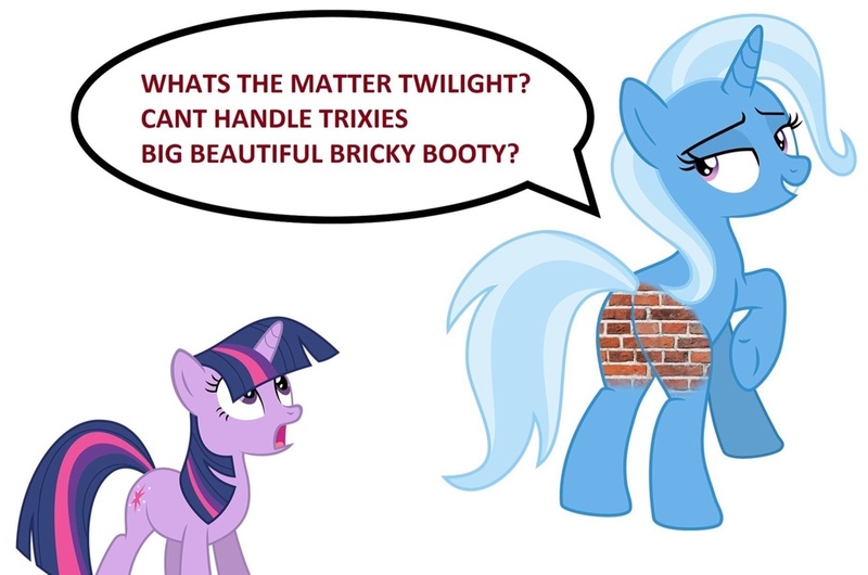 Size: 1802x1193 | Tagged: suggestive, artist:alandssparkle, artist:kysss90, derpibooru import, edit, trixie, twilight sparkle, pony, unicorn, g4, 1000 hours in ms paint, brick, brick booty, bricks, butt, duo, female, fetish, forced meme, horn, image, jpeg, lidded eyes, looking back, low quality, mare, meme, open mouth, plot, purple eyes, seductive look, shocked, simple background, size difference, speech bubble, tail, taunting, teasing, text, the great and powerful ass, wat, white background, wide eyes