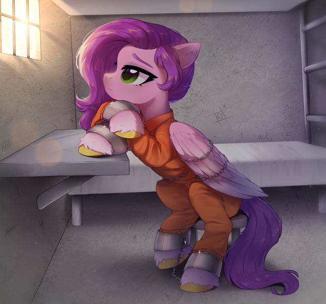 Size: 2144x2000 | Tagged: safe, artist:anku, derpibooru import, pipp petals, pegasus, pony, g5, ankle cuffs, bed, bound wings, chains, clothes, commission, commissioner:rainbowdash69, cuffs, female, folded wings, high res, image, jail, jail cell, jumpsuit, mare, never doubt rainbowdash69's involvement, png, prison, prison outfit, prisoner, prisoner pipp, solo, stool, unshorn fetlocks, wings