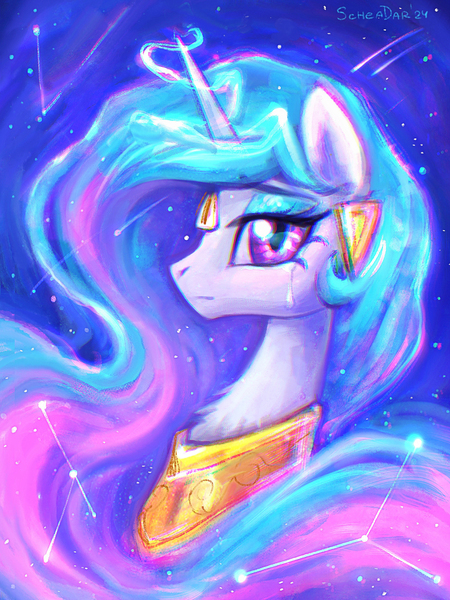 Size: 2000x2667 | Tagged: safe, artist:scheadar, derpibooru import, princess celestia, alicorn, pony, g4, bust, crying, eyeshadow, female, high res, horn, image, jpeg, makeup, mare, peytral, portrait, solo