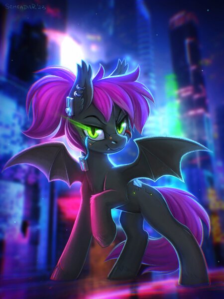 Size: 1500x2000 | Tagged: safe, artist:scheadar, derpibooru import, oc, unofficial characters only, bat pony, pony, bat pony oc, bat wings, city, commission, cyberpunk, ear piercing, ear tufts, earring, fangs, image, jewelry, jpeg, looking at you, outdoors, piercing, raised hoof, slit pupils, solo, spread wings, tail, wings