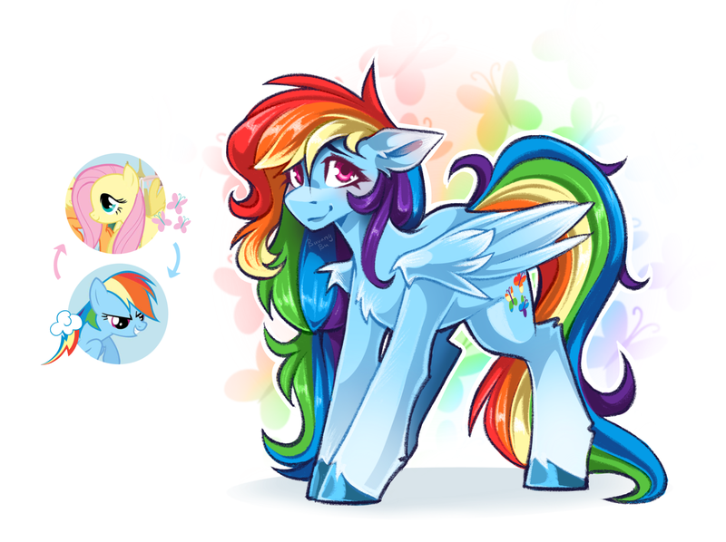 Size: 2988x2234 | Tagged: safe, artist:buvanybu, derpibooru import, fluttershy, rainbow dash, pegasus, pony, g4, alternate hairstyle, cutie mark swap, female, image, long hair, long mane, long tail, looking at you, mare, personality swap, png, swapped cutie marks, tail