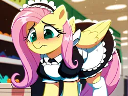 Size: 1064x800 | Tagged: safe, ai content, derpibooru import, machine learning generated, prompter:darkfire681, stable diffusion, fluttershy, pegasus, pony, g4, clothes, detailed background, embarrassed, french maid, generator:pony diffusion v6 xl, image, maid, png, solo