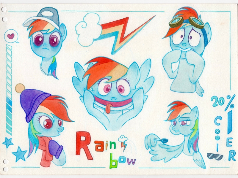 Size: 4256x3192 | Tagged: safe, artist:miss-aciturn, derpibooru import, rainbow dash, pegasus, pony, clothes, female, hat, heart, image, jpeg, mare, open mouth, scarf, simple background, speech bubble, spoon, sunglasses, text, tongue out, traditional art, white background, wing hold, wings, winter hat