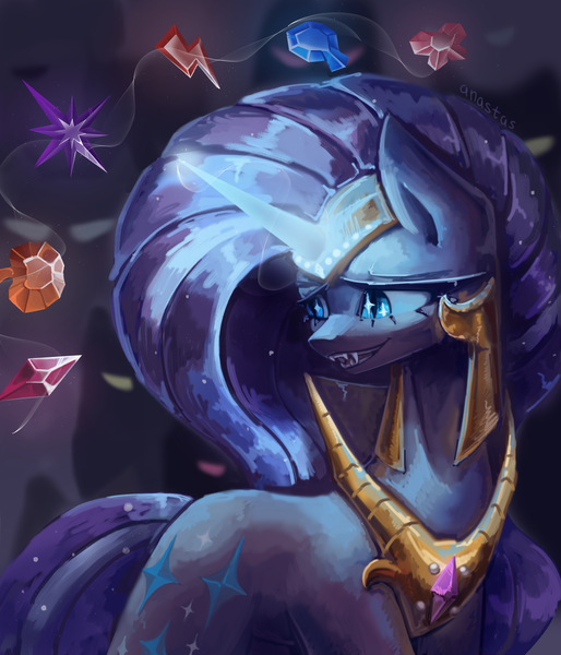 Size: 3000x3500 | Tagged: safe, artist:anastas, derpibooru import, part of a set, nightmare rarity, pony, unicorn, series:ask nightmare rarity, g4, absurd resolution, armor, ask, blue eyes, comic, digital art, element of generosity, element of honesty, element of kindness, element of laughter, element of loyalty, element of magic, elements of harmony, ethereal mane, eyelashes, eyeshadow, fangs, female, flowing mane, gem, glow, glowing horn, helmet, horn, image, jewelry, lidded eyes, looking at you, magic, magic aura, makeup, mare, mlp art ask (ru), night, nightmarified, open mouth, open smile, peytral, png, purple mane, regalia, slit pupils, smiling, solo, sparkles, speech bubble, starry mane, stars, sternocleidomastoid, teeth, walking, wingding eyes