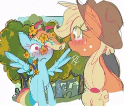 Size: 924x791 | Tagged: safe, artist:appledash3r_, derpibooru import, applejack, rainbow dash, earth pony, pegasus, pony, g4, appledash, applejack's hat, blushing, cowboy hat, duo, female, flower, flower in hair, hat, image, jpeg, lesbian, shipping, spread wings, wings