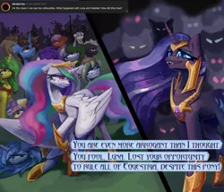 Size: 3500x3000 | Tagged: safe, alternate version, artist:anastas, derpibooru import, part of a set, bon bon, doctor whooves, larry, nightmare rarity, princess celestia, princess luna, shadowfright, sweetie drops, time turner, oc, oc:amethyst dawn, oc:dusty soil, oc:hriv, oc:langweilig freitag, oc:minerva, oc:sagitta, oc:tenebris cornu, alicorn, pony, unicorn, series:ask nightmare rarity, g4, spoiler:comic, armor, ask, comic, crying, english, ethereal mane, eyeshadow, fangs, female, folded wings, horn, image, jewelry, makeup, mare, mlp art ask (ru), nightmarified, open mouth, peytral, png, regalia, slit pupils, speech bubble, starry mane, sternocleidomastoid, text, translation, wings