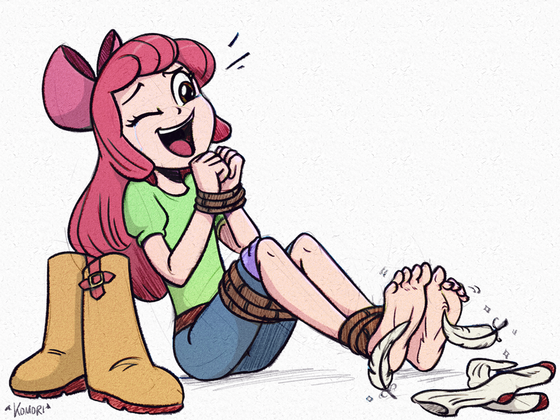 Size: 4000x3000 | Tagged: safe, artist:chaoskomori, derpibooru import, editor:overlord 2, apple bloom, applejack, big macintosh, granny smith, human, equestria girls, g4, ankle tied, apple family, barefoot, bloomsub, bondage, boots, bound wrists, clothes, emanata, feet, human coloration, image, laughing, one eye closed, open mouth, open smile, png, shoes, smiling, tickling, tied up