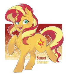 Size: 1444x1621 | Tagged: safe, artist:doozypies, derpibooru import, sunset shimmer, pony, unicorn, g4, abstract background, chest fluff, cute, ear fluff, female, horn, image, looking at you, mare, open mouth, open smile, png, shimmerbetes, simple background, smiling, solo, standing on two hooves