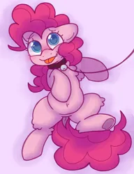 Size: 1000x1300 | Tagged: safe, artist:puppie, derpibooru import, pinkie pie, earth pony, pony, g4, :p, bell, bell collar, belly, belly button, chubby, collar, cute, dock, female, hooves, image, leash, offscreen character, pet play, png, pov, puppy pie, purple background, simple background, soft shading, solo, solo female, tail, tongue out, wingding eyes