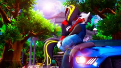 Size: 3840x2160 | Tagged: safe, artist:shadowuwu, ponerpics import, oc, unofficial characters only, anthro, 3d, breasts, car, clothes, female, ford mustang, image, kissing, male, png, straight