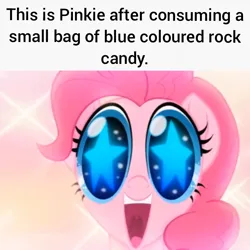 Size: 720x720 | Tagged: safe, artist:trrrebleee, derpibooru import, edit, edited screencap, screencap, pinkie pie, earth pony, g4, my little pony: the movie, breaking bad, candy, caption, food, image, implied crystal meth, implied drugs, implied meth, meme, png, rock candy, solo, starry eyes, text, wingding eyes