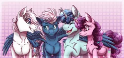 Size: 1268x600 | Tagged: safe, artist:inuhoshi-to-darkpen, derpibooru import, double diamond, night glider, party favor, sugar belle, earth pony, pegasus, pony, unicorn, g4, the cutie map, backwards cutie mark, equal four, eyes closed, female, horn, hug, image, male, mare, open mouth, png, smiling, stallion, winghug, wings