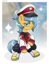 Size: 1290x1688 | Tagged: safe, artist:scarffist, derpibooru import, oc, unofficial characters only, earth pony, pony, base used, clothes, commission, cute, green eyes, hat, image, necktie, png, short hair, short mane, simple background, solo, sparkles, uniform, uniform hat, ych result