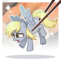 Size: 2072x2064 | Tagged: safe, artist:scarffist, derpibooru import, derpy hooves, ponified, food pony, original species, pegasus, pony, base used, chopsticks, cute, cutie mark, food, image, muffin, png, ponies in food, short hair, short mane, simple background, solo, sparkles, sushi, sushi pony, wings, yellow eyes