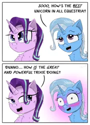 Size: 2000x2778 | Tagged: safe, artist:chopsticks, derpibooru import, starlight glimmer, trixie, pony, unicorn, g4, 2 panel comic, blushing, blushing profusely, cheek fluff, chest fluff, comic, dialogue, duo, duo female, ear fluff, eye clipping through hair, eyebrows, eyebrows visible through hair, female, horn, image, lesbian, png, shipping, simple background, smug, smuglight glimmer, startrix, text