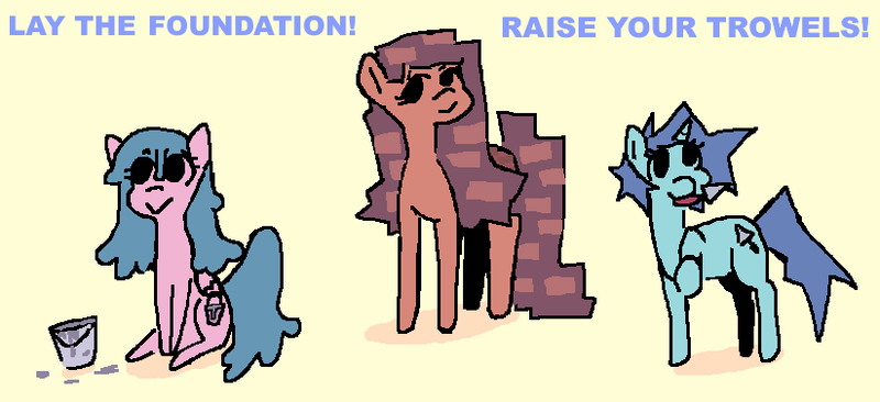 Size: 823x377 | Tagged: safe, derpibooru import, oc, oc:cinderbottom, oc:mortar mare, oc:trowels out, unofficial characters only, earth pony, pegasus, pony, unicorn, g4, three's a crowd, triple threat, blue mane, brick, brick booty, bricks, cute, cutie mark, earth pony oc, female, females only, folded wings, forced meme, horn, image, lidded eyes, looking at you, looking away, looking up, mare, mortar, ms paint, no source available, pegasus oc, png, raised hoof, raised leg, red mane, shadow, simple background, sitting, smiling, teal mane, text, trowel, unicorn oc, wings, yellow background