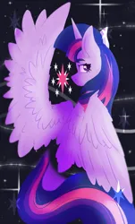 Size: 1433x2370 | Tagged: safe, artist:destiny_manticor, derpibooru import, twilight sparkle, twilight sparkle (alicorn), alicorn, pony, g4, abstract background, cutie mark, dark background, digital art, eyebrows, eyebrows visible through hair, female, horn, image, long tail, looking at you, looking back, looking back at you, mare, no mouth, partially open wings, png, sitting, solo, spread wings, stars, tail, wings