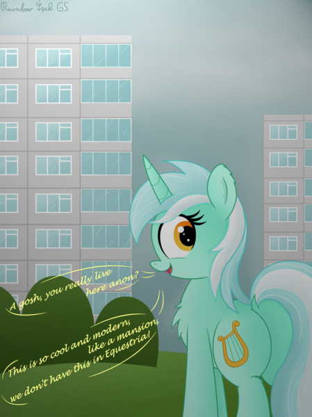 Size: 3016x4032 | Tagged: safe, artist:rainbowšpekgs, derpibooru import, lyra heartstrings, pony, unicorn, g4, building, bush, butt, city, female, grass, horn, image, implied anon, looking at you, looking back, looking back at you, mare, open mouth, plot, png, russia, speech bubble, text