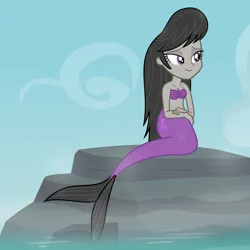 Size: 1920x1920 | Tagged: safe, artist:grapefruit-face, derpibooru import, octavia melody, mermaid, equestria girls, g4, base used, bra, clothes, fish tail, image, lidded eyes, looking to the right, ocean, png, rock, scales, seashell, seashell bra, sideways glance, sitting, smiling, solo, tail, underwear, water