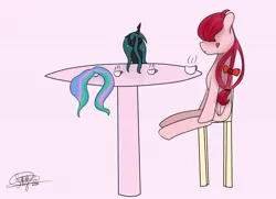 Size: 2560x1855 | Tagged: artist needed, safe, derpibooru import, princess celestia, queen chrysalis, oc, oc:laeti, changeling, pony, image, jpeg, solo