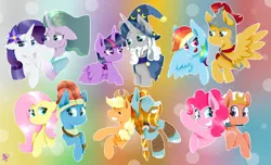 Size: 3280x2000 | Tagged: safe, artist:kathepart, derpibooru import, applejack, flash magnus, fluttershy, meadowbrook, mistmane, pinkie pie, rainbow dash, rarity, rockhoof, somnambula, star swirl the bearded, twilight sparkle, alicorn, pegasus, unicorn, horn, image, mane six, png