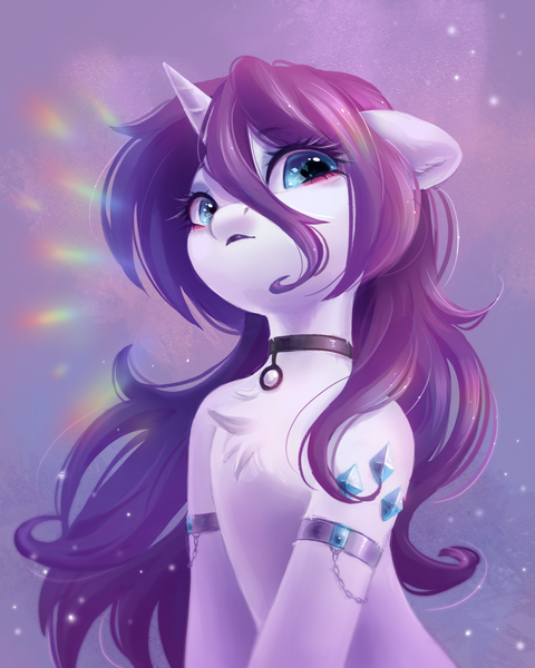 Size: 2400x3000 | Tagged: safe, artist:melodylibris, derpibooru import, rarity, pony, unicorn, g4, 3d cutie mark, abstract background, alternate hairstyle, alternative cutie mark placement, armlet, blushing, chest fluff, choker, cute, cutie mark eyes, draw this in your style, ear fluff, eye clipping through hair, eyebrows, eyebrows visible through hair, female, floppy ears, high res, horn, human shoulders, image, jewelry, lipstick, looking at you, loose hair, mare, png, raribetes, shiny mane, shoulder cutie mark, slender, solo, sparkles, thin, wingding eyes