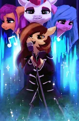 Size: 1500x2312 | Tagged: safe, artist:hierozaki, derpibooru import, izzy moonbow, sunny starscout, zipp storm, oc, earth pony, pegasus, pony, unicorn, g5, bipedal, clothes, female, horn, image, jacket, mare, microphone, missing horn, open mouth, open smile, png, smiling