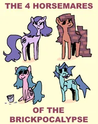 Size: 610x774 | Tagged: safe, derpibooru import, oc, oc:cinderbottom, oc:mortar mare, oc:pestle please, oc:trowels out, unofficial characters only, earth pony, pegasus, pony, unicorn, blue mane, brick, brick booty, bricks, cute, cutie mark, earth pony oc, female, forced meme, group, horn, image, lidded eyes, looking at you, looking away, looking up, mare, mischievous, missing cutie mark, mortar, ms paint, no source available, pegasus oc, pestle, png, purple mane, quartet, red mane, simple background, sitting, smiling, standing, teal mane, text, trowel, unicorn oc, wings, yellow background