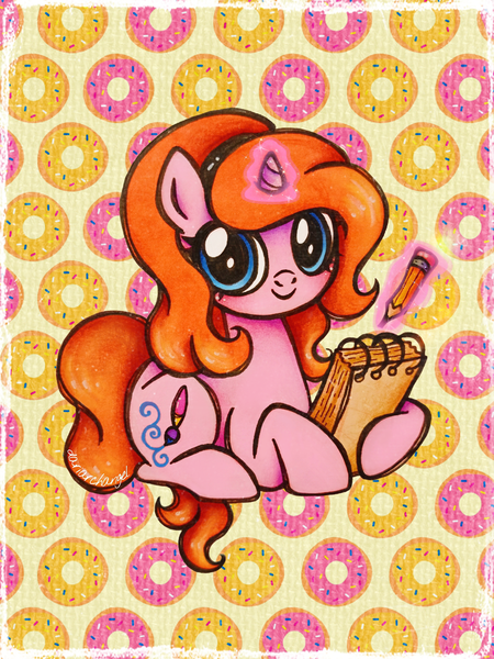 Size: 1536x2048 | Tagged: safe, artist:dariarchangel, derpibooru import, oc, oc:dazha, unofficial characters only, pony, unicorn, g4, adorable face, artist pony, big eyes, blue eyes, blushing, cute, cute smile, daaaaaaaaaaaw, donut, drawing, female, food, headband, hoof hold, horn, image, levitation, looking at you, lying down, magic, magic aura, mare, notebook, ocbetes, orange hair, orange mane, orange tail, pencil, pink coat, png, prone, small horn, smiling, smiling at you, solo, tail, telekinesis, traditional art, unicorn horn, unicorn oc