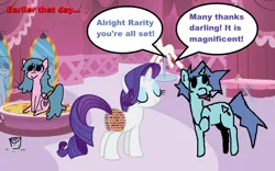 Size: 1024x641 | Tagged: safe, derpibooru import, edit, rarity, oc, oc:mortar mare, oc:trowels out, pony, g4, boutique, brick booty, bricks, butt, dock, female, females only, fetish, forced meme, image, lore, mare, meme, plot, png, speech bubble, tail, text