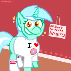 Size: 1280x1280 | Tagged: safe, artist:vaporammy, derpibooru import, lyra heartstrings, pony, unicorn, g4, background pony, clothes, donut, excited, excitement, eyelashes, female, food, heart, horn, image, looking at you, mare, png, red background, shirt, sign, simple background, smiling, smiling at you, socks, sparkly eyes, stars, t-shirt, wingding eyes