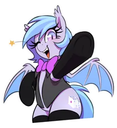 Size: 1600x1750 | Tagged: safe, artist:thebatfang, derpibooru import, oc, oc:lucky roll, unofficial characters only, bat pony, pony, bat pony oc, bat wings, bowtie, clothes, image, looking at you, necktie, one eye closed, png, simple background, smiling, smiling at you, socks, solo, spread wings, stockings, thigh highs, transparent background, wings, wink, winking at you