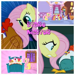 Size: 1280x1280 | Tagged: safe, artist:xxxkayceejrxxx, derpibooru import, edit, edited screencap, screencap, apple bloom, fluttershy, scootaloo, sweetie belle, bird, chicken, cockatrice, earth pony, pegasus, pony, unicorn, g4, season 1, stare master, bed, cutie mark crusaders, female, filly, foal, horn, hush now quiet now, image, jpeg, mare, speed lines