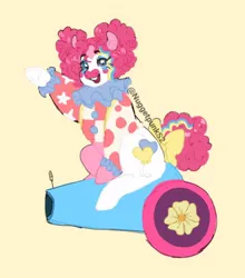 Size: 552x628 | Tagged: safe, artist:nuggetpunks2, derpibooru import, pinkie pie, earth pony, pony, alternate hairstyle, clown, clown makeup, clown outfit, image, jpeg, looking at you, open mouth, open smile, party cannon, smiling, solo, waving