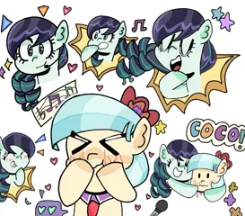 Size: 2003x1759 | Tagged: safe, artist:fluttereinites, derpibooru import, coco pommel, coloratura, earth pony, g4, blushing, eyes closed, female, hug, image, jpeg, kissy face, lesbian, microphone, music notes, open mouth, open smile, shipping, singing, smiling