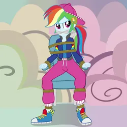 Size: 2000x2000 | Tagged: safe, artist:nie-martw-sie-o-mnie, derpibooru import, part of a set, rainbow dash, human, equestria girls, g4, backwards ballcap, baseball cap, bondage, cap, cleave gag, cloth gag, clothes, dashsub, equestria girls specials, female, femsub, gag, hat, image, jacket, my little pony equestria girls: dance magic, pants, png, rope, rope bondage, shoes, sneakers, solo, submissive, sweatpants