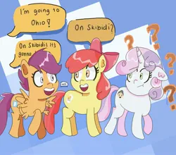 Size: 2003x1759 | Tagged: safe, artist:fluttereinites, derpibooru import, apple bloom, scootaloo, sweetie belle, earth pony, pegasus, pony, unicorn, abstract background, cutie mark crusaders, horn, image, jpeg, simple background, wat